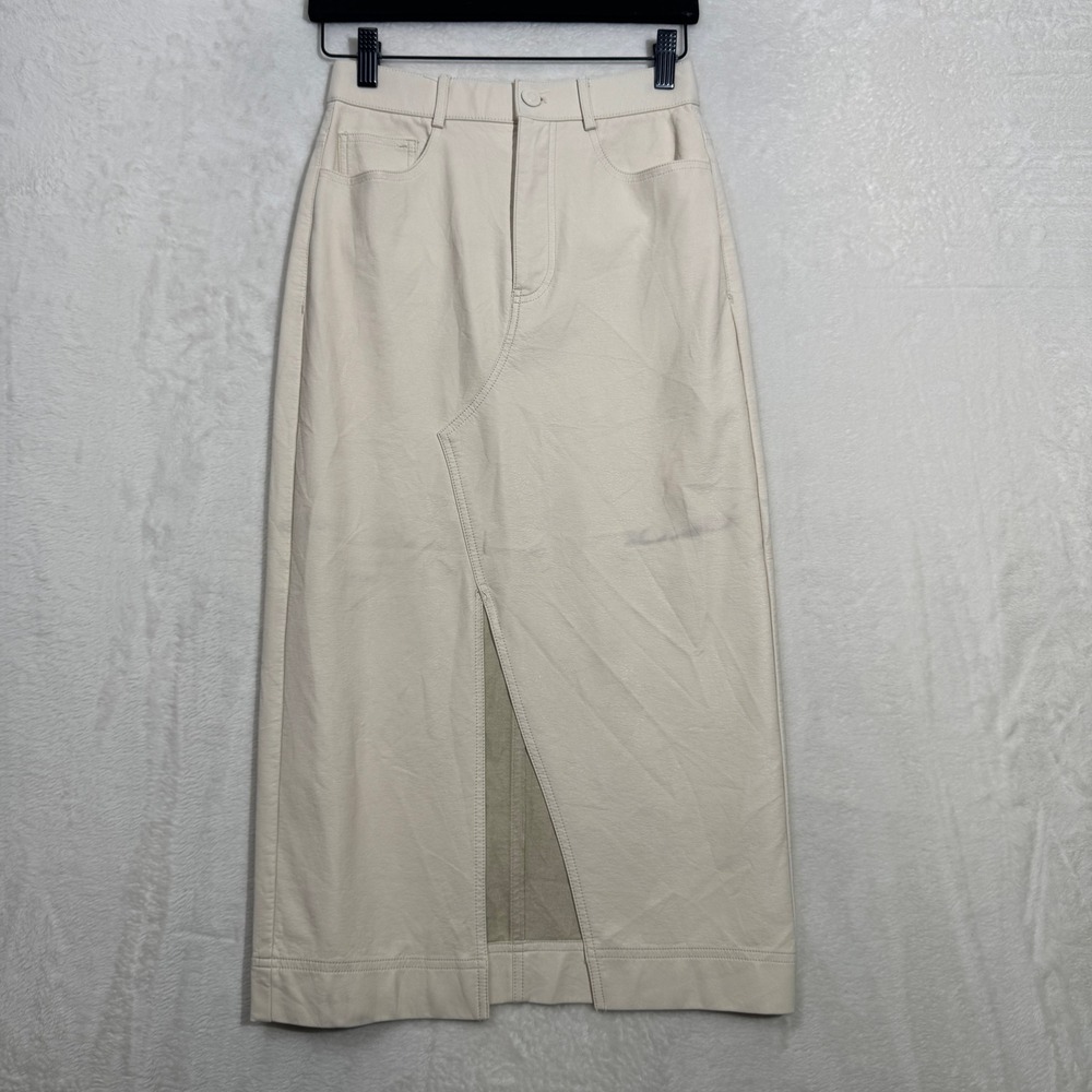 Zara Skirt Womens XS Cream Faux Leather Midi High Waisted Asymmetrical Slit